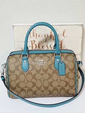 Coach ROWAN Medium Satchel Sig Crossbody Khaki Teal CH280 Silver Rare